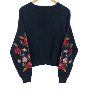 H M Divided Womens Crewneck Knit Sweater Floral Embroidered Sleeves Boho Large
